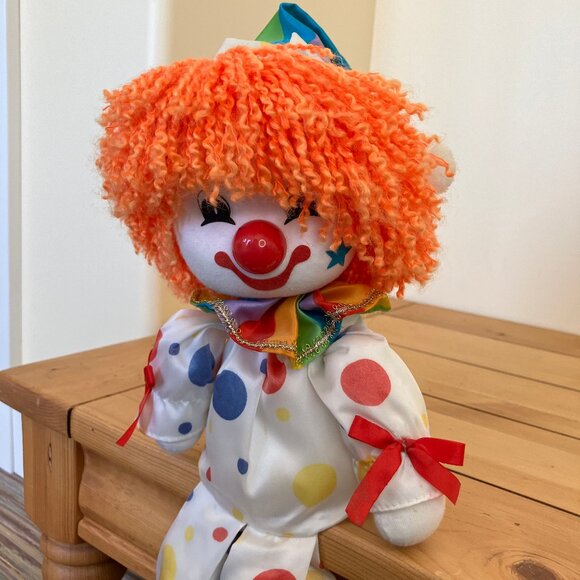 Dolmax Polka Dot Happy Clown Doll Shelf Sitter Vintage 70s Toy Rainbow 14" Tall - Picture 3 of 9
